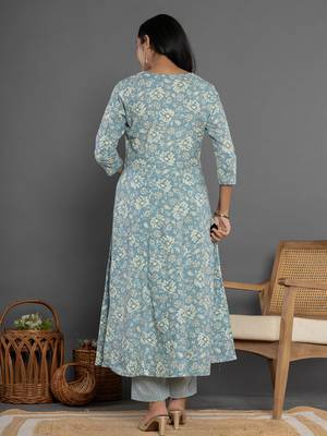  blue mirror work cotton anarkali kurta duppta set 3