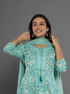  sea green mirror work cotton anarkali kurta duppta set 5