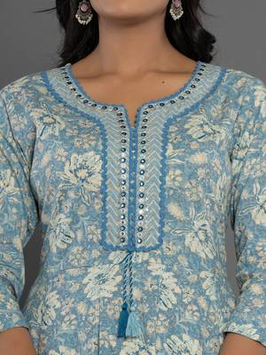  blue mirror work cotton anarkali kurta duppta set 4