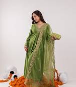  green silk embroidered kurta dupatta set