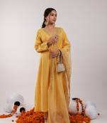  yellow silk embroidered kurta dupatta set
