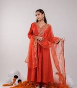 orange silk embroidered kurta dupatta set