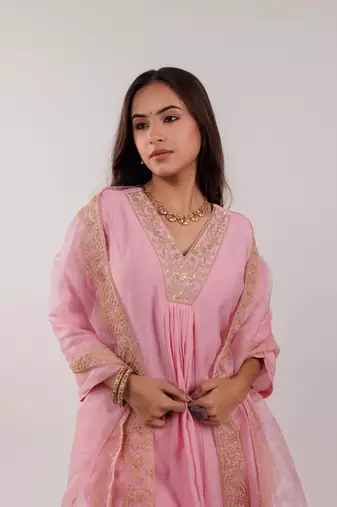  pink silk embroidered kurta dupatta set