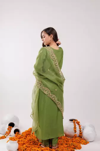  green silk embroidered kurta dupatta set