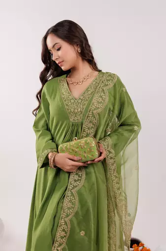  green silk embroidered kurta dupatta set