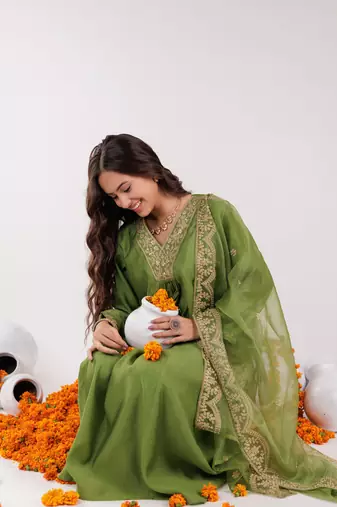  green silk embroidered kurta dupatta set