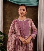  purple cotton schiffli kurta dupatta set with lace detailing