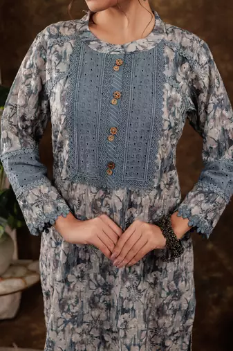  grey cotton schiffli kurta dupatta set with lace detailing