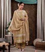  mustard cotton schiffli kurta dupatta set with lace detailing
