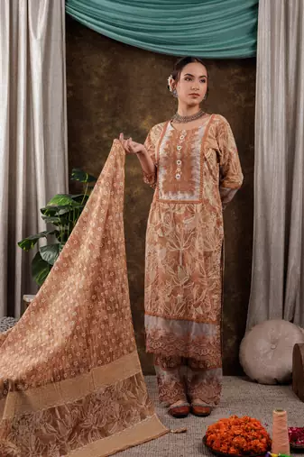  mustard cotton kurta dupatta set with lace detailing