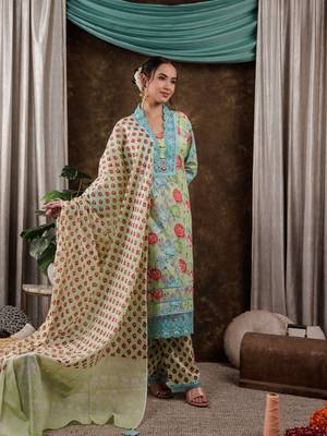  green floral print pure cotton beads straight kurta dupatta set with lace detailing 1
