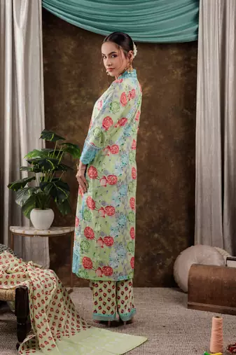  green floral print pure cotton beads straight kurta dupatta set with lace detailing