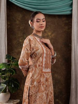  mustard cotton kurta dupatta set with lace detailing 5