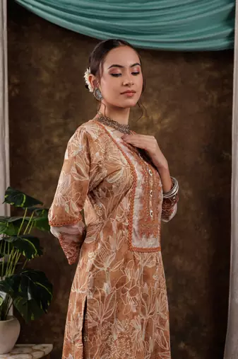  mustard cotton kurta dupatta set with lace detailing
