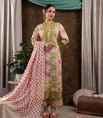  yellow floral print pure cotton beads straight kurta dupatta set with lace detailing