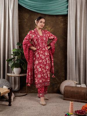  hot pink floral print pure cotton beads straight kurta dupatta set with lace detailing 1