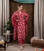 hot pink floral print pure cotton beads straight kurta dupatta set with lace detailing