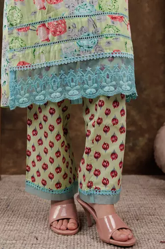  green floral print pure cotton beads straight kurta dupatta set with lace detailing