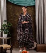  black floral print pure cotton beads straight kurta dupatta set with lace detailing