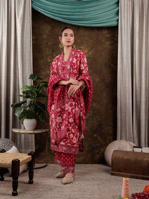  hot pink floral print pure cotton beads straight kurta dupatta set with lace detailing 2