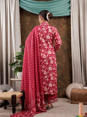  hot pink floral print pure cotton beads straight kurta dupatta set with lace detailing 3