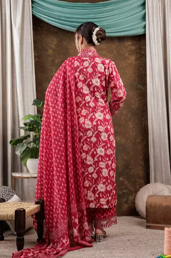  hot pink floral print pure cotton beads straight kurta dupatta set with lace detailing