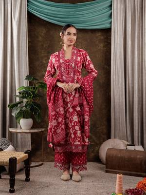  hot pink floral print pure cotton beads straight kurta dupatta set with lace detailing 5