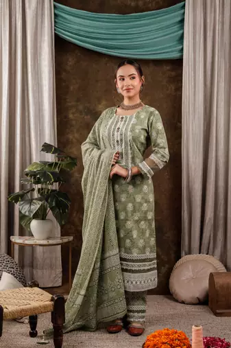  green ethnic motifs pure cotton kurta dupatta set with lace detailing