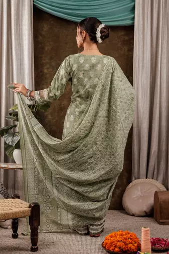  green ethnic motifs pure cotton kurta dupatta set with lace detailing