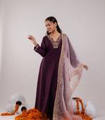  purple silk embroidered kurta dupatta set