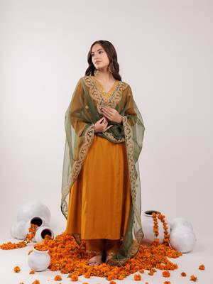 mustard silk embroidered kurta dupatta set 1