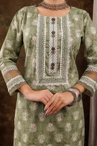  green ethnic motifs pure cotton kurta dupatta set with lace detailing