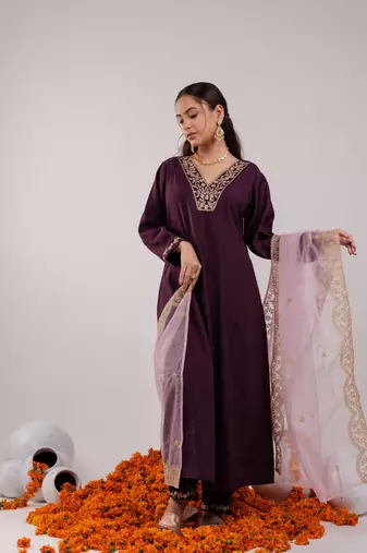  purple silk embroidered kurta dupatta set