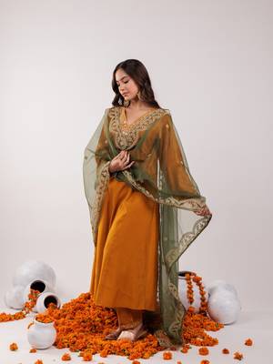 mustard silk embroidered kurta dupatta set 2