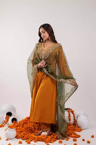  mustard silk embroidered kurta dupatta set