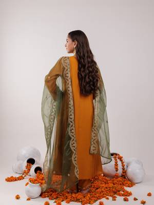  mustard silk embroidered kurta dupatta set 3
