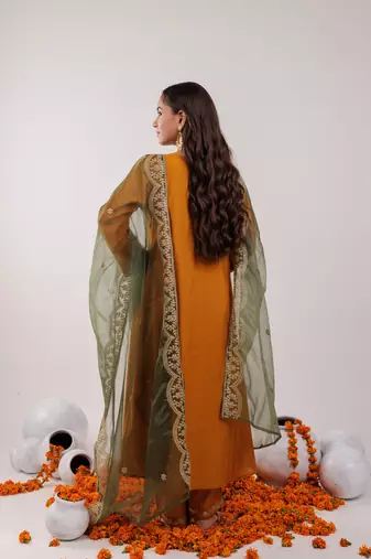  mustard silk embroidered kurta dupatta set