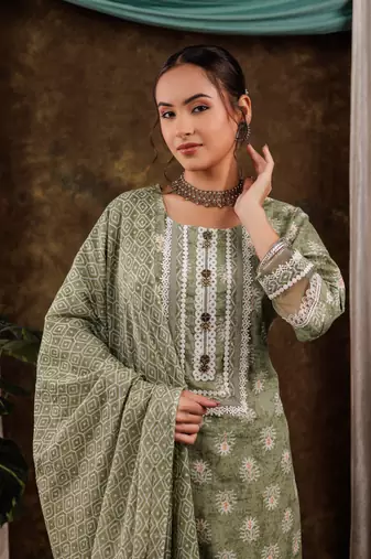  green ethnic motifs pure cotton kurta dupatta set with lace detailing