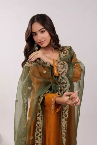 mustard silk embroidered kurta dupatta set
