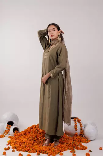  olive green silk embroidered kurta dupatta set
