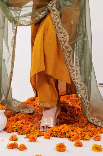  mustard silk embroidered kurta dupatta set