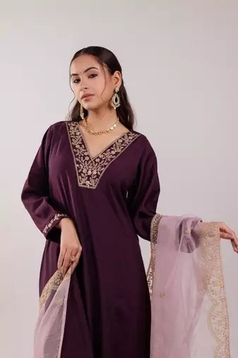  purple silk embroidered kurta dupatta set