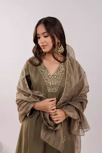  olive green silk embroidered kurta dupatta set