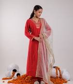  red silk embroidered kurta dupatta set