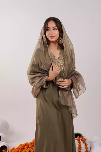  olive green silk embroidered kurta dupatta set