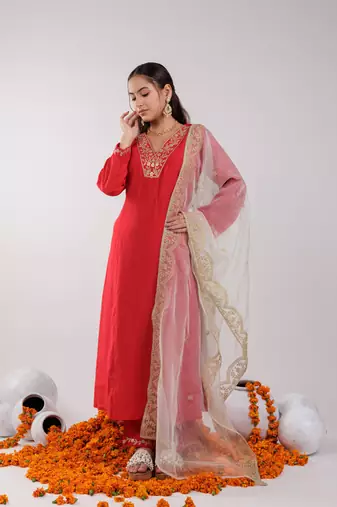  red silk embroidered kurta dupatta set
