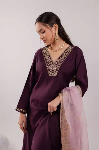  purple silk embroidered kurta dupatta set