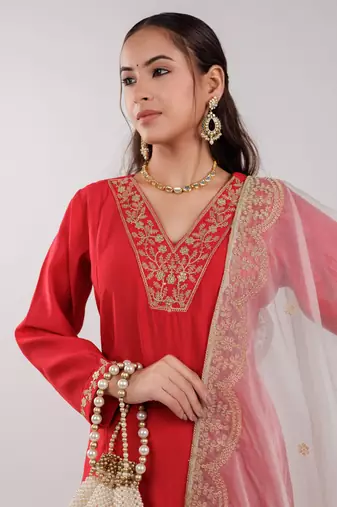  red silk embroidered kurta dupatta set