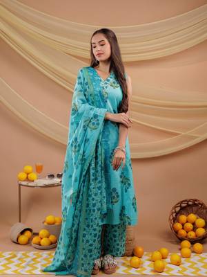  blue floral print pure cotton a-line kurta dupatta set 1
