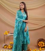  blue floral print pure cotton a-line kurta dupatta set